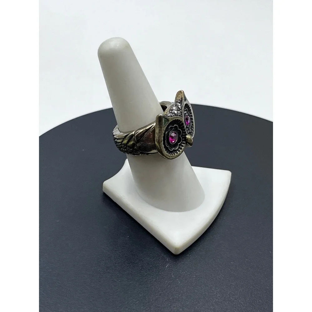 Betsey Johnson Vintage Owl Bronze Pink Rhinestone Vampire Slayer Stretch Ring